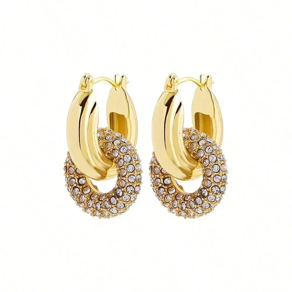 Yellow Gold Women's Gold Color Zinc Alloy Full Diamond Inlaid Hoop Earrings